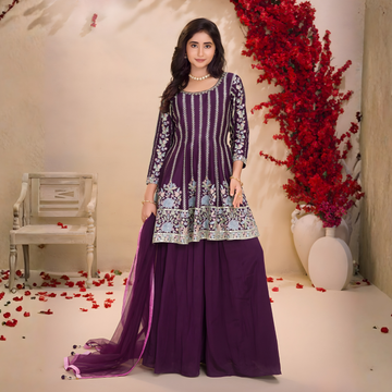 Wine silk georgette embroidered palazzo suit with dupatta