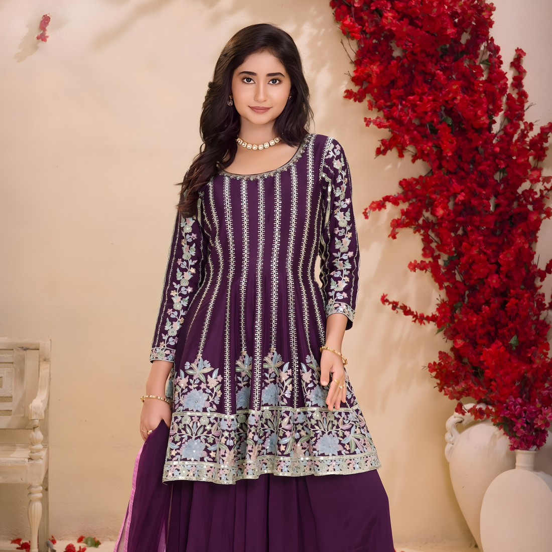 Wine silk georgette embroidered palazzo suit with dupatta