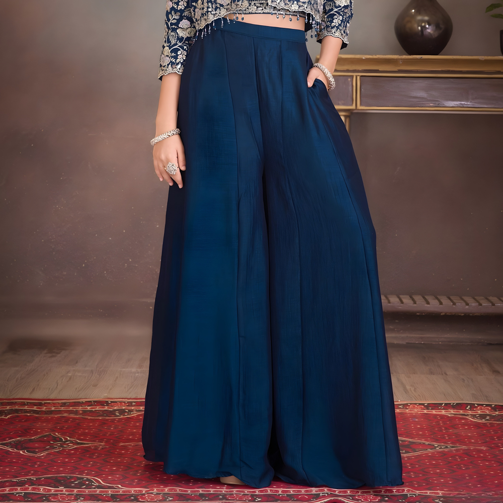 Blue Embroidered Indo-Western Silk Palazzo Set