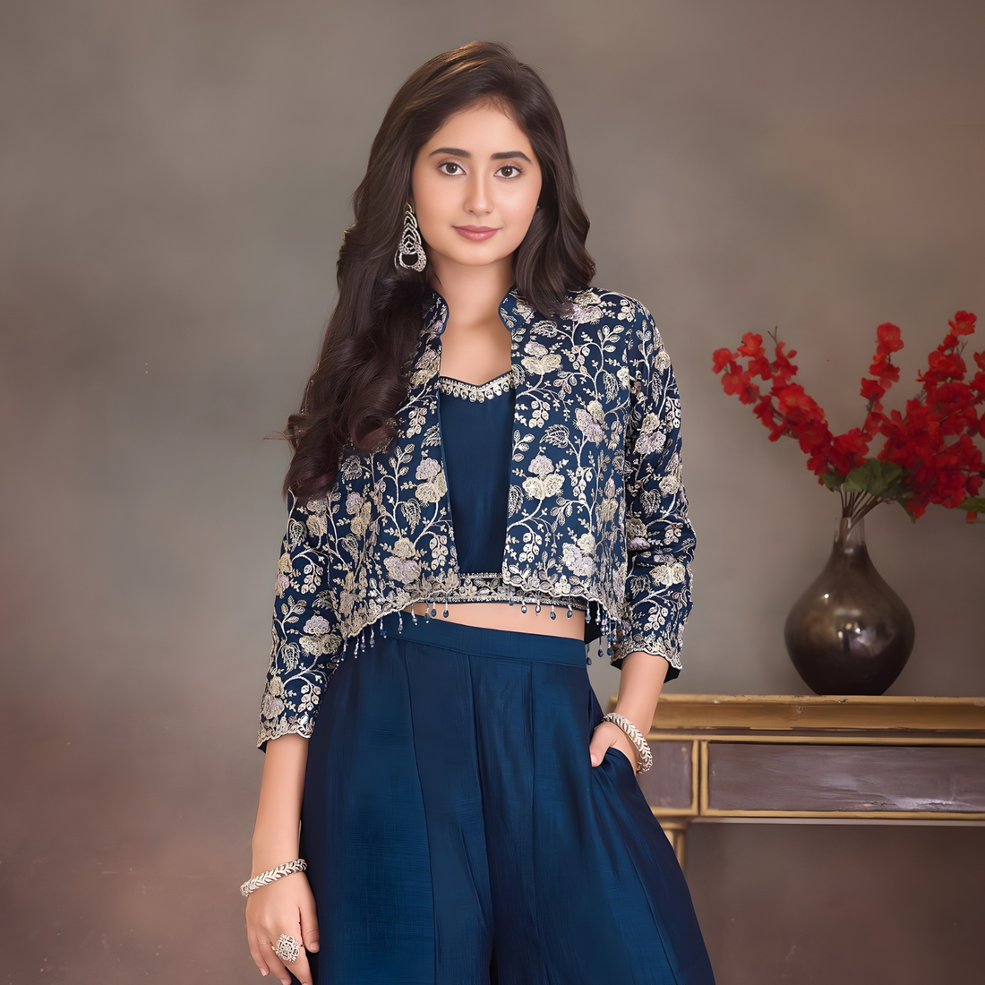 Blue Embroidered Indo-Western Silk Palazzo Set