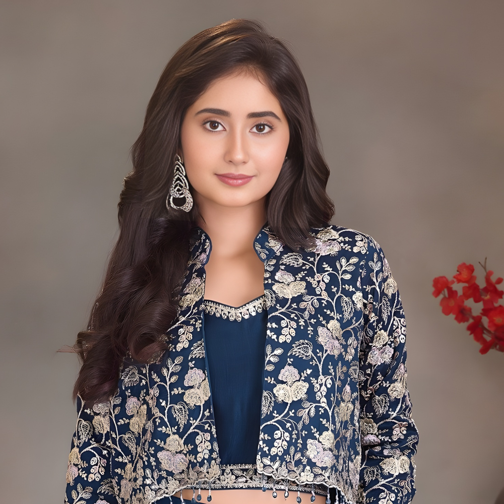 Blue Embroidered Indo-Western Silk Palazzo Set