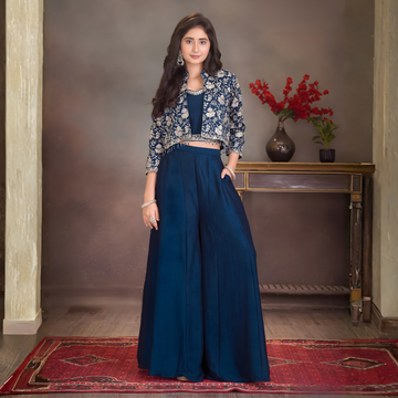 Blue Embroidered Indo-Western Silk Palazzo Set