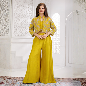 Yellow Embroidered Indo-Western Silk Palazzo Set