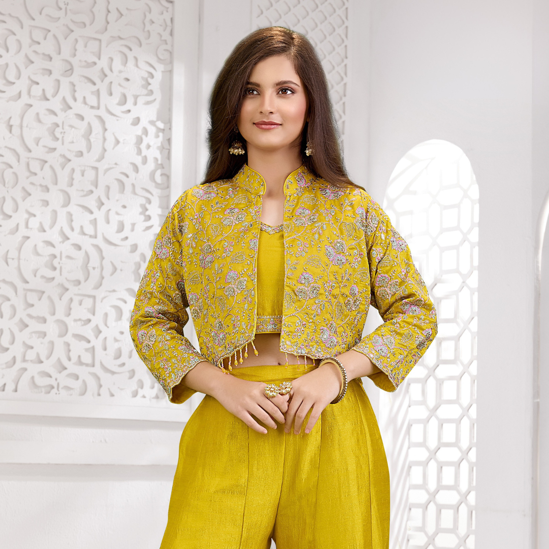 Yellow Embroidered Indo-Western Silk Palazzo Set