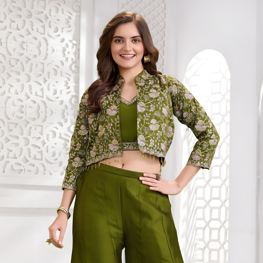 Mehendi green jacket style silk palazzo Set