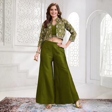 Mehendi green jacket style silk palazzo Set