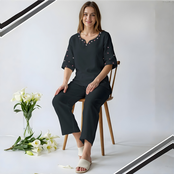 Black Women Pure Cotton Top & Pyjama Night Suit