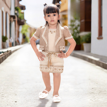 Girls fawn three-piece top shorts and jacket set with floral trim