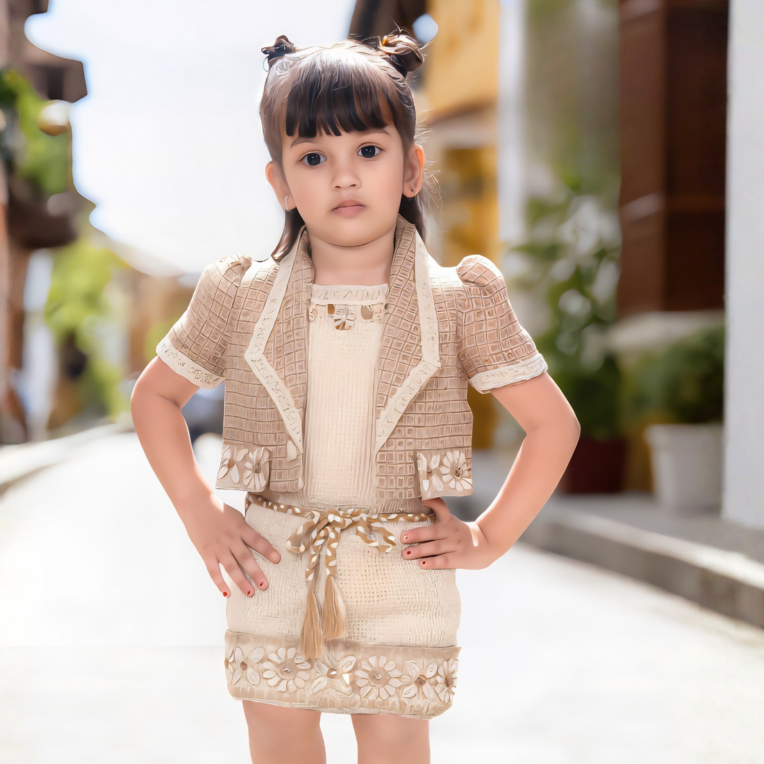 Girls fawn three-piece top shorts and jacket set with floral trim