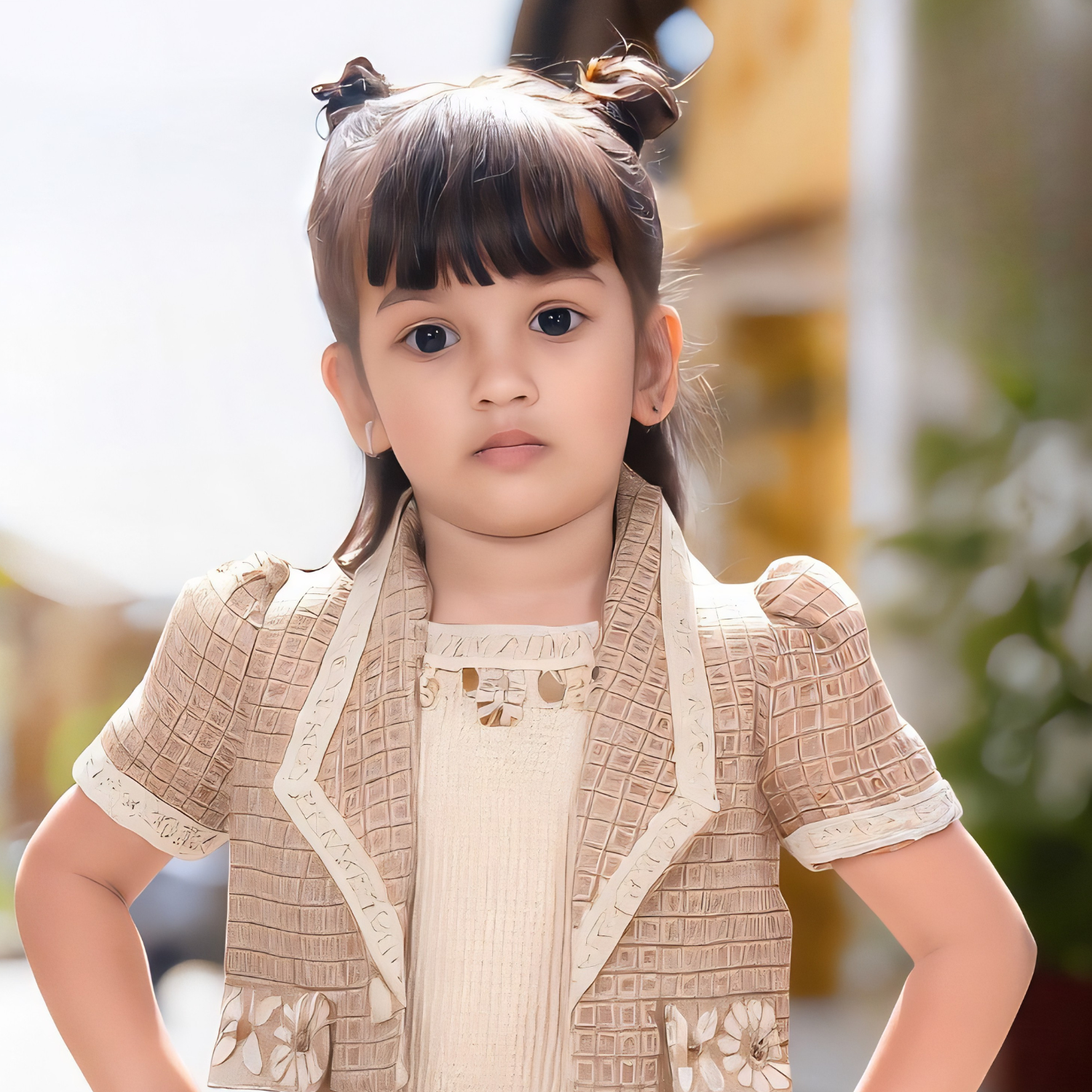 Close-up of girls fawn jacket set detailing