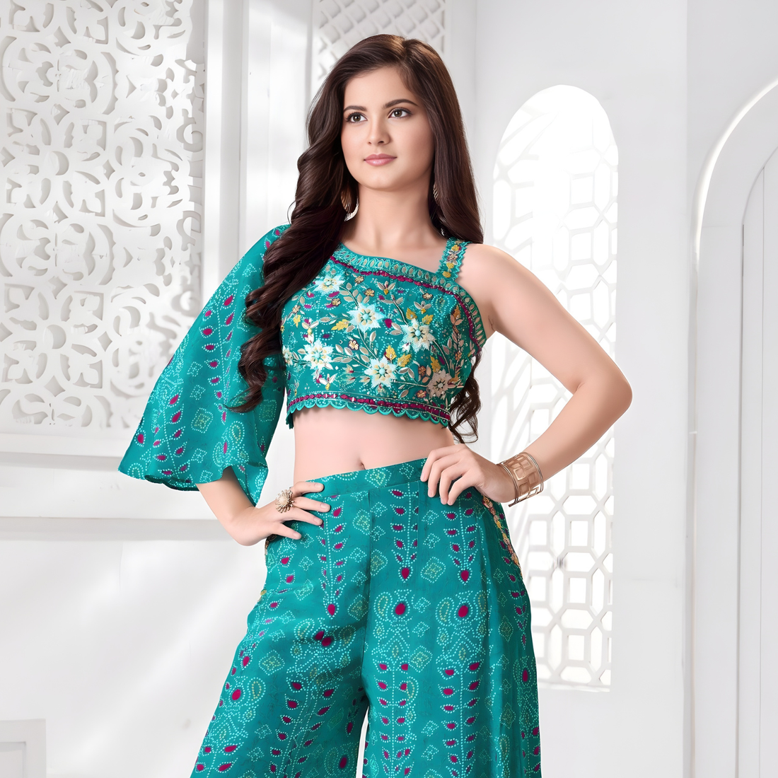 Rama green designer silk palazzo outfit