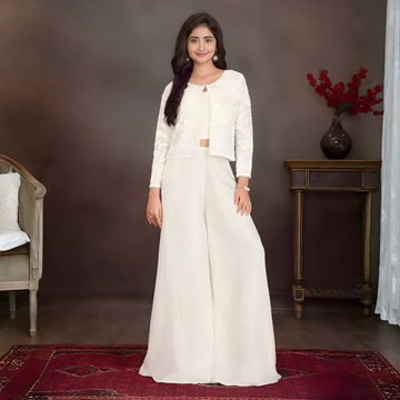 Cream Embroidered Palazzo And Jacket Set