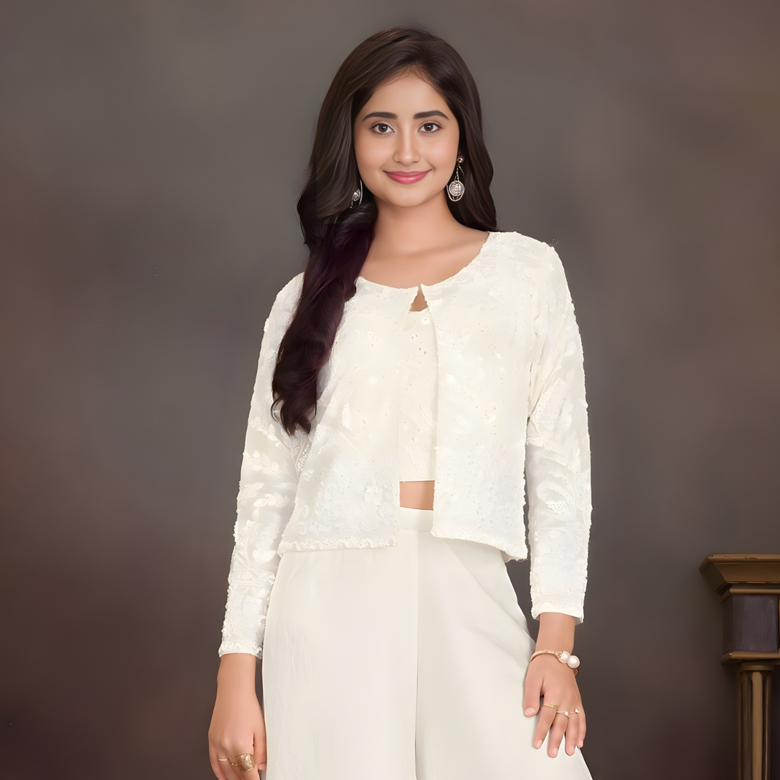 Cream Embroidered Palazzo And Jacket Set
