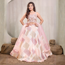 Girls Pink Embellished Lehenga Set with a Mirror-work Crop