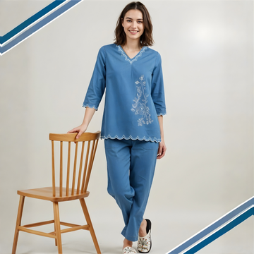 Blue Cotton Floral Print Straight Co-Ord Set
