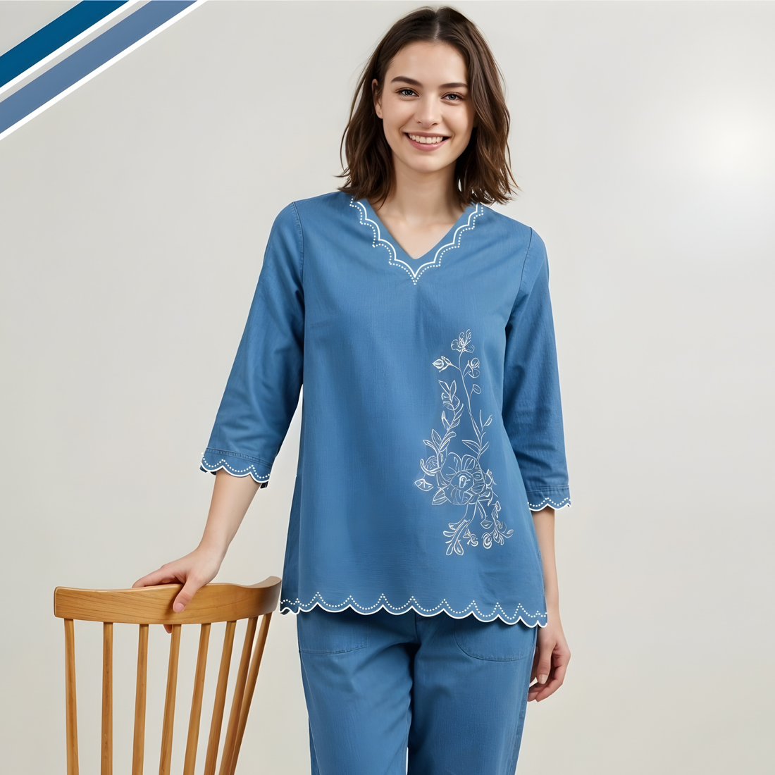 Blue Cotton Floral Print Straight Co-Ord Set