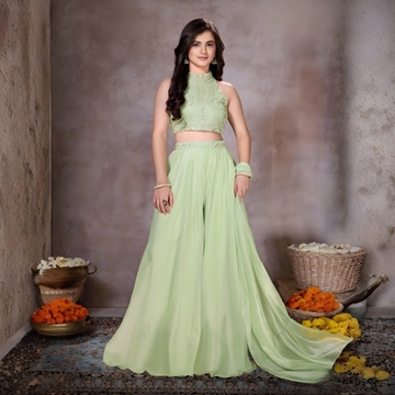 Green Embroidered Crop Top & Palazzo Set For Girls