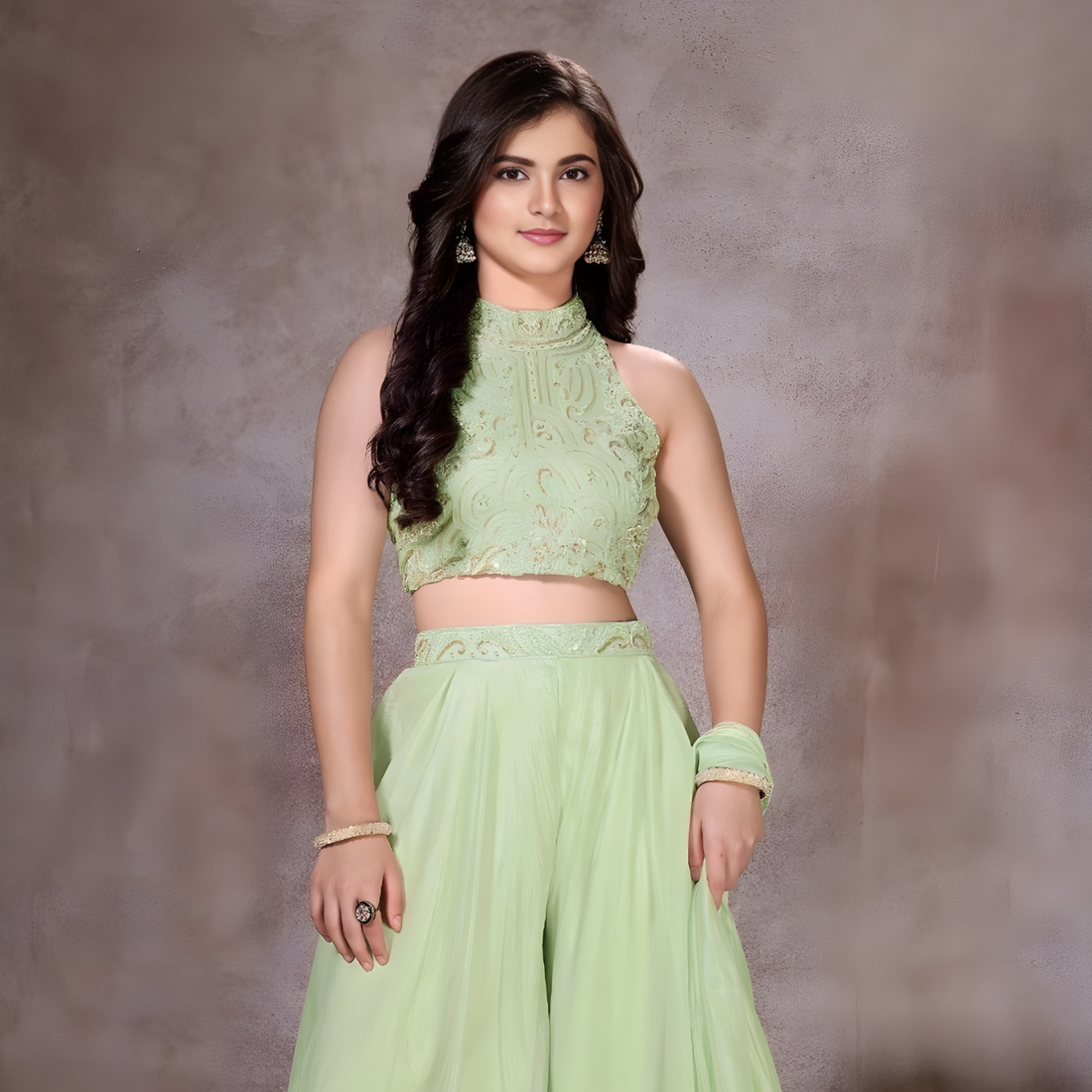 Green Embroidered Crop Top & Palazzo Set For Girls