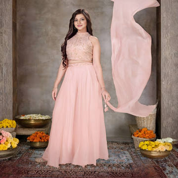 Pink Embroidered Crop Top & Palazzo Set For Girls