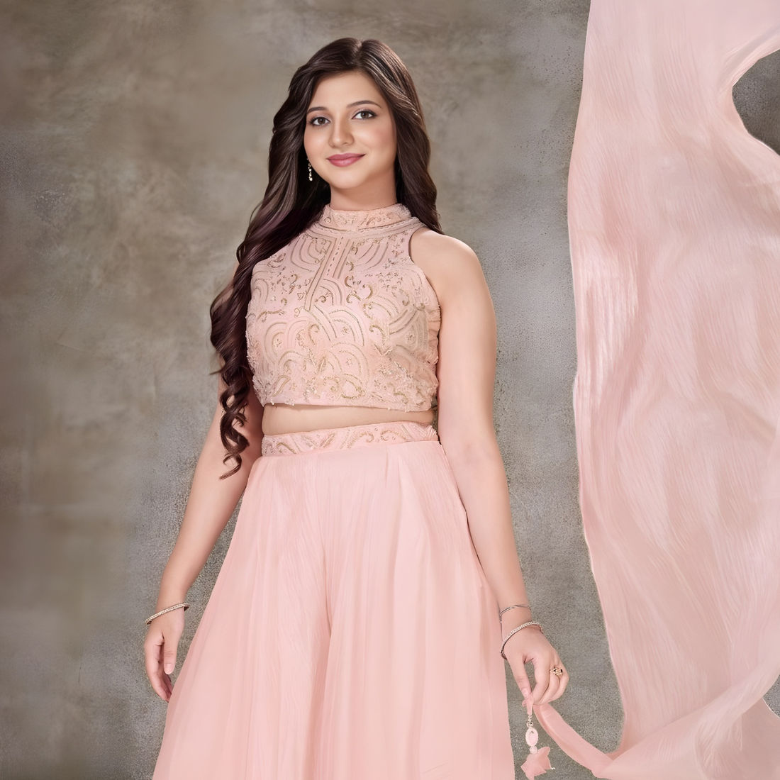 Pink Embroidered Crop Top & Palazzo Set For Girls