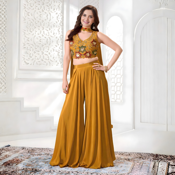 Yellow Palazzo Set With Floral Embroidered Blouse And Dupatta