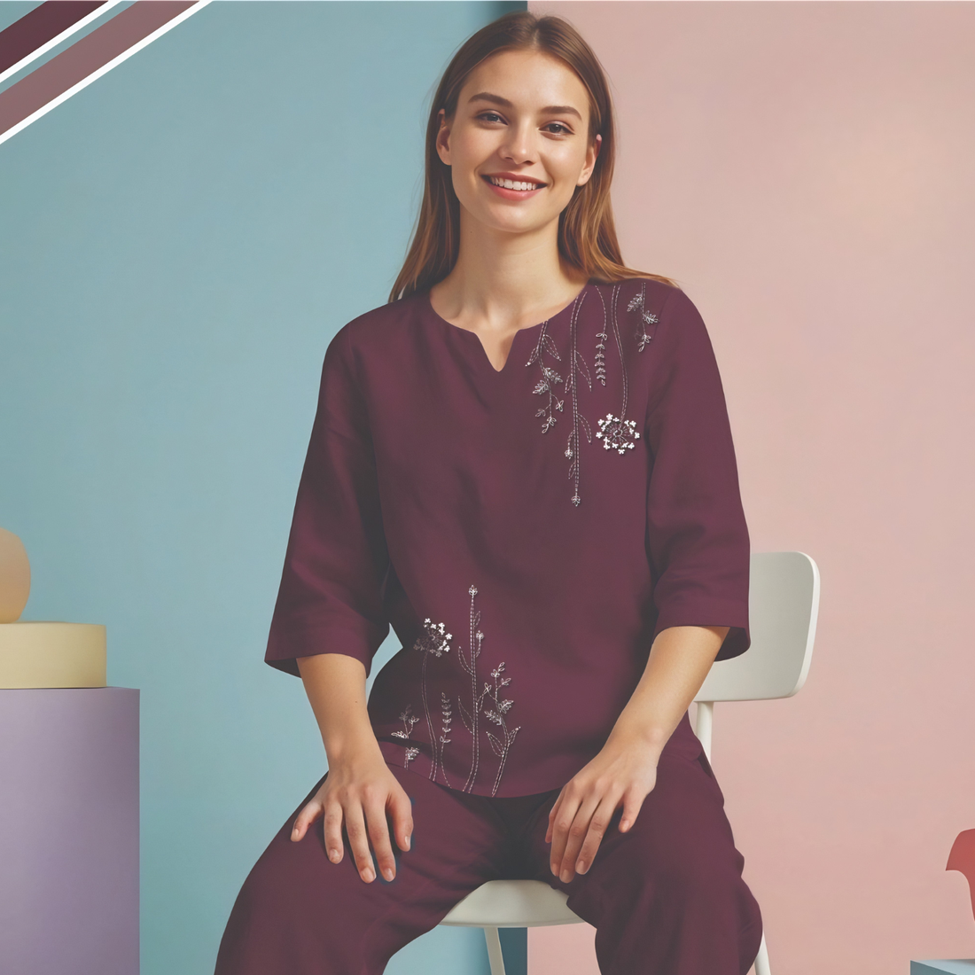 Stylish Wine Printed Night Suit For Women