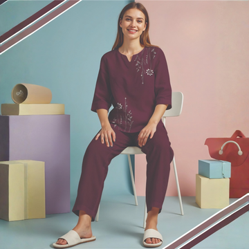 Stylish Wine Printed Night Suit For Women