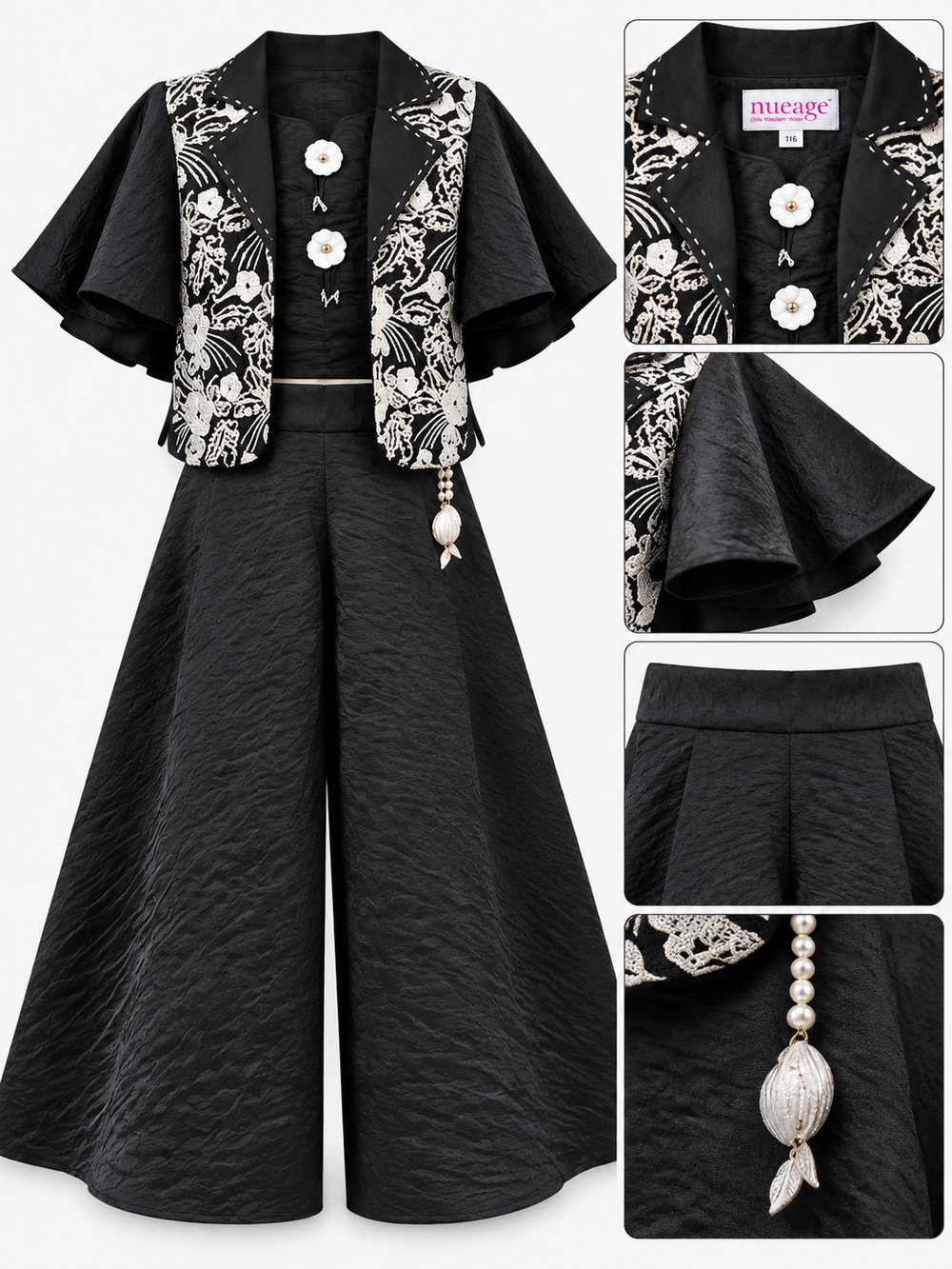 Girls Black Embroidered Pant Set with Jacket