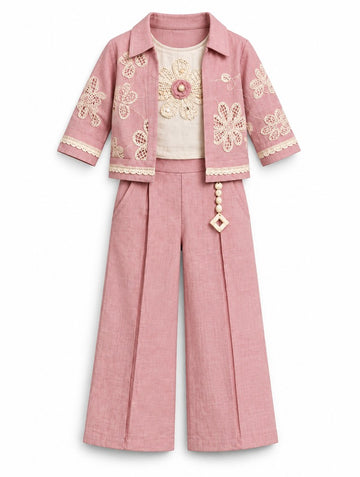 Girls Peach Floral Lace Jacket and Palazzo Pants Set