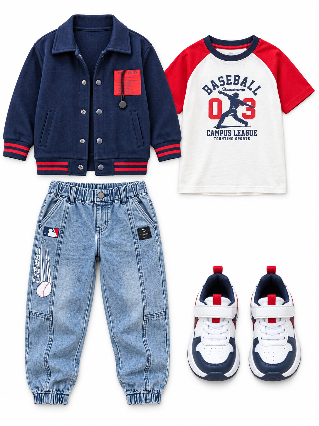 Boys Navy Varsity Jacket, T-shirt and Denim Joggers Set