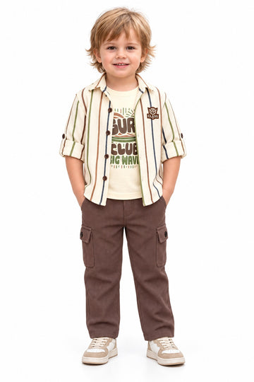 Boys Brown Striped Overshirt, Graphic T-shirt and Cargo Pants Set (Shoes Not Included)