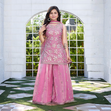 Pink Embroidered Tissue Kurta Sharara Suit