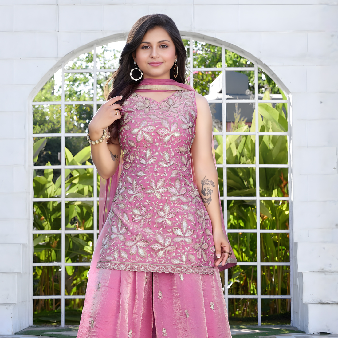 Pink Embroidered Tissue Kurta Sharara Suit