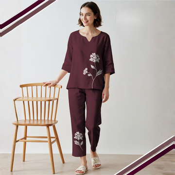 Wine Floral Printed Cotton Women's Night Suit