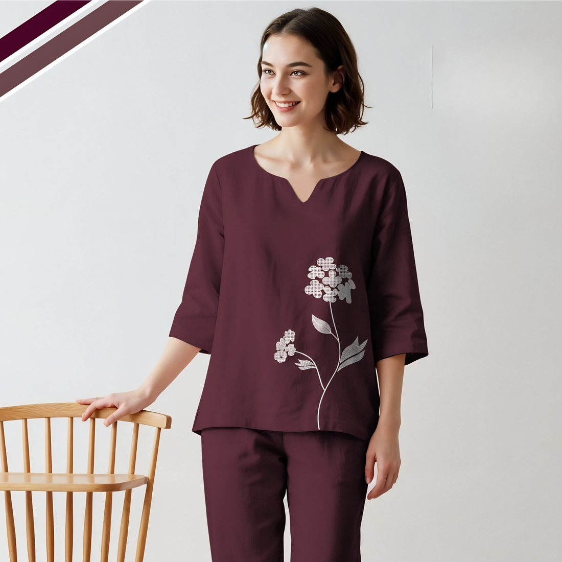 Wine Floral Printed Cotton Women's Night Suit