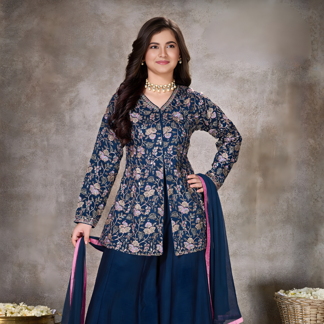 Blue Embellished Palazzo Salwar Suit With Dupatta