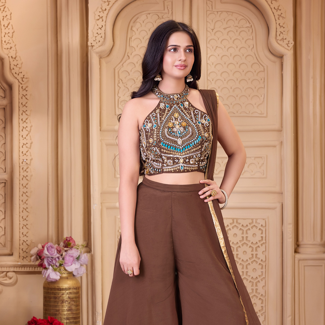 Ladies brown embroidered halter palazzo set