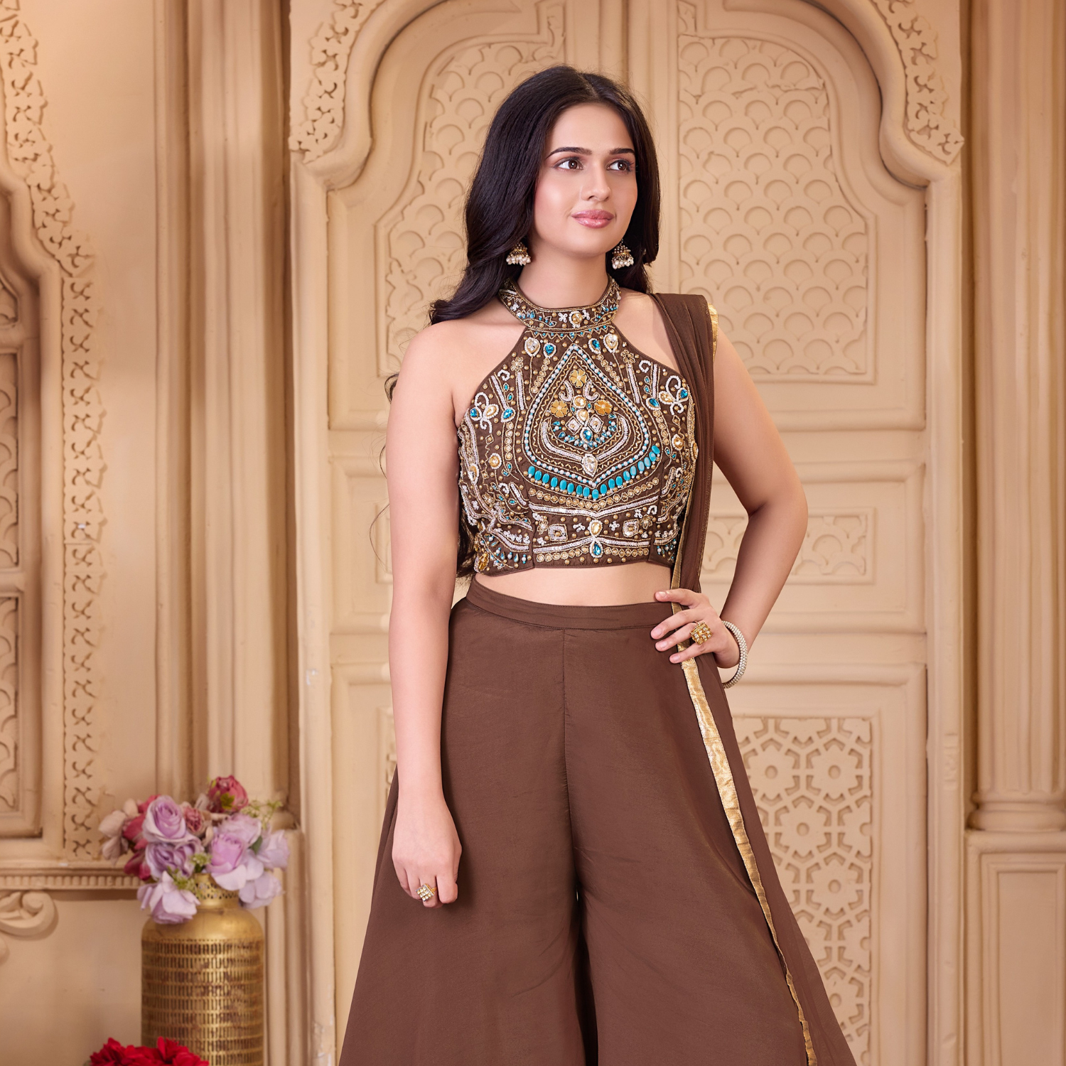 Ladies brown embroidered halter palazzo set