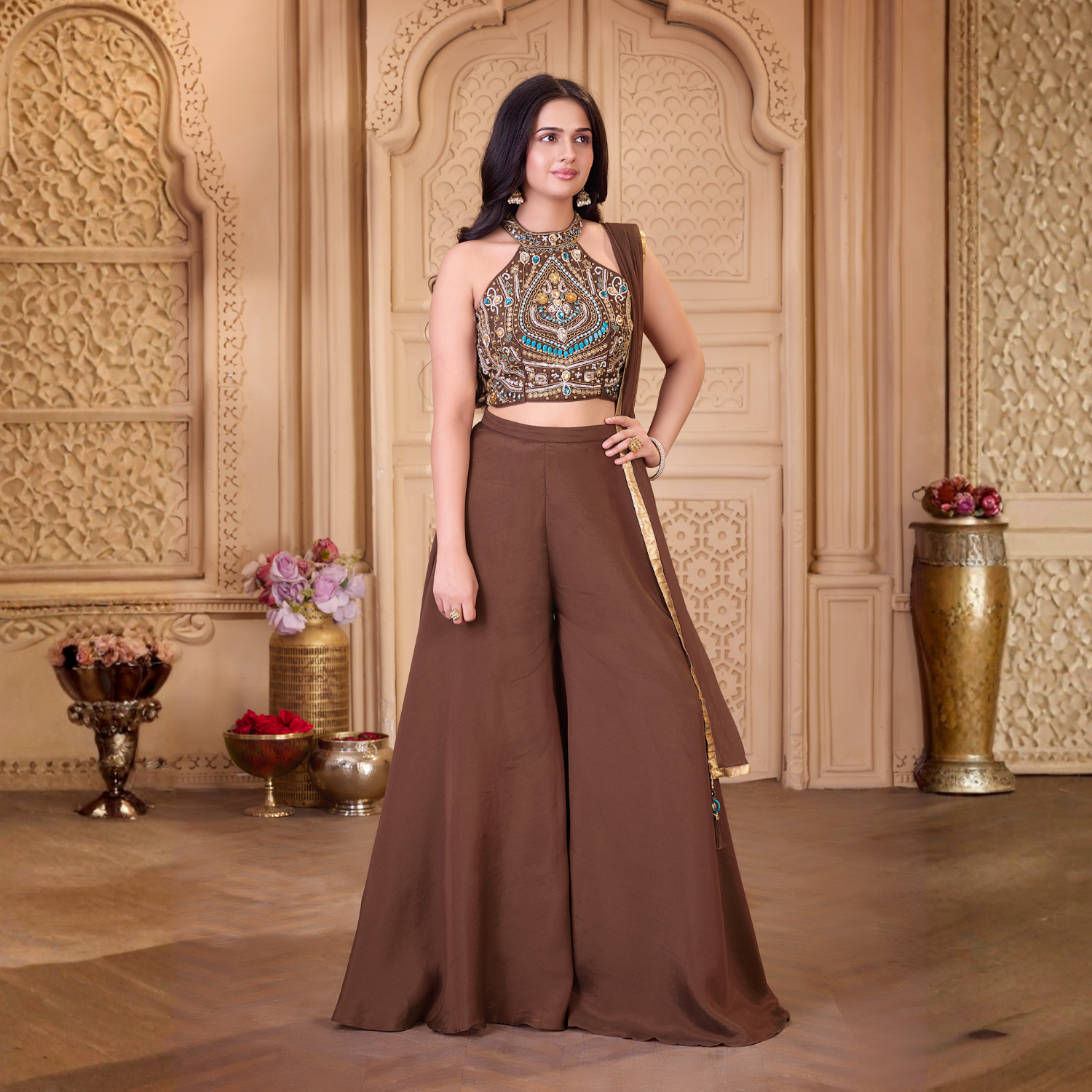 Ladies brown embroidered palazzo set full view