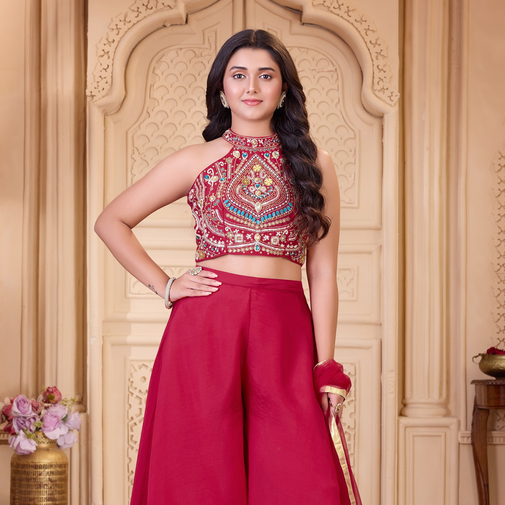 Ladies red embroidered halter palazzo set