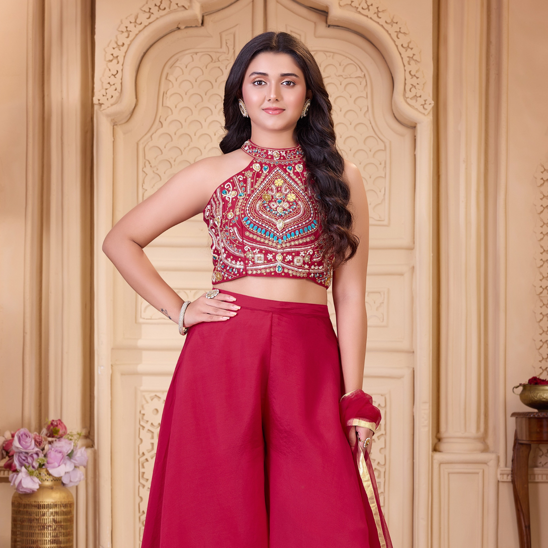Ladies red embroidered halter palazzo set