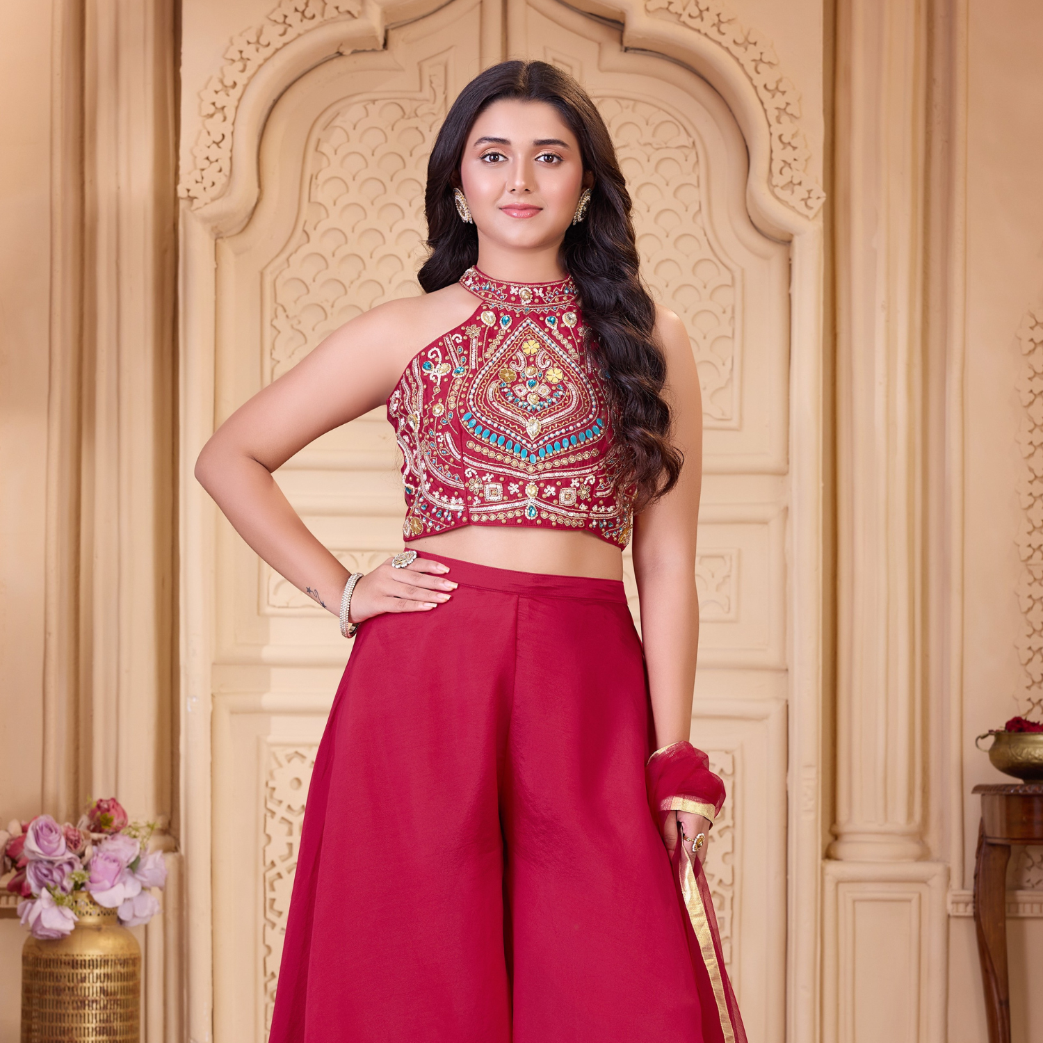 Ladies red embroidered halter palazzo set