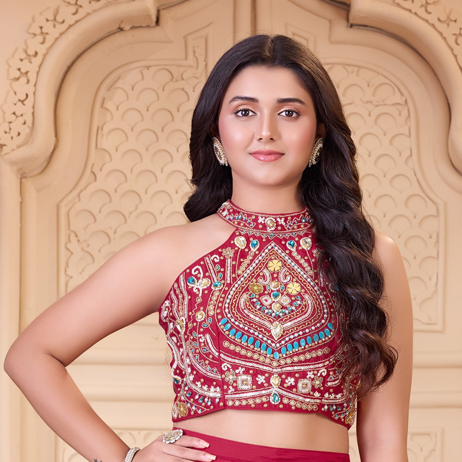 Close-up of ladies red embroidered halter top