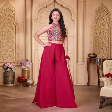 Ladies red embroidered palazzo set full view
