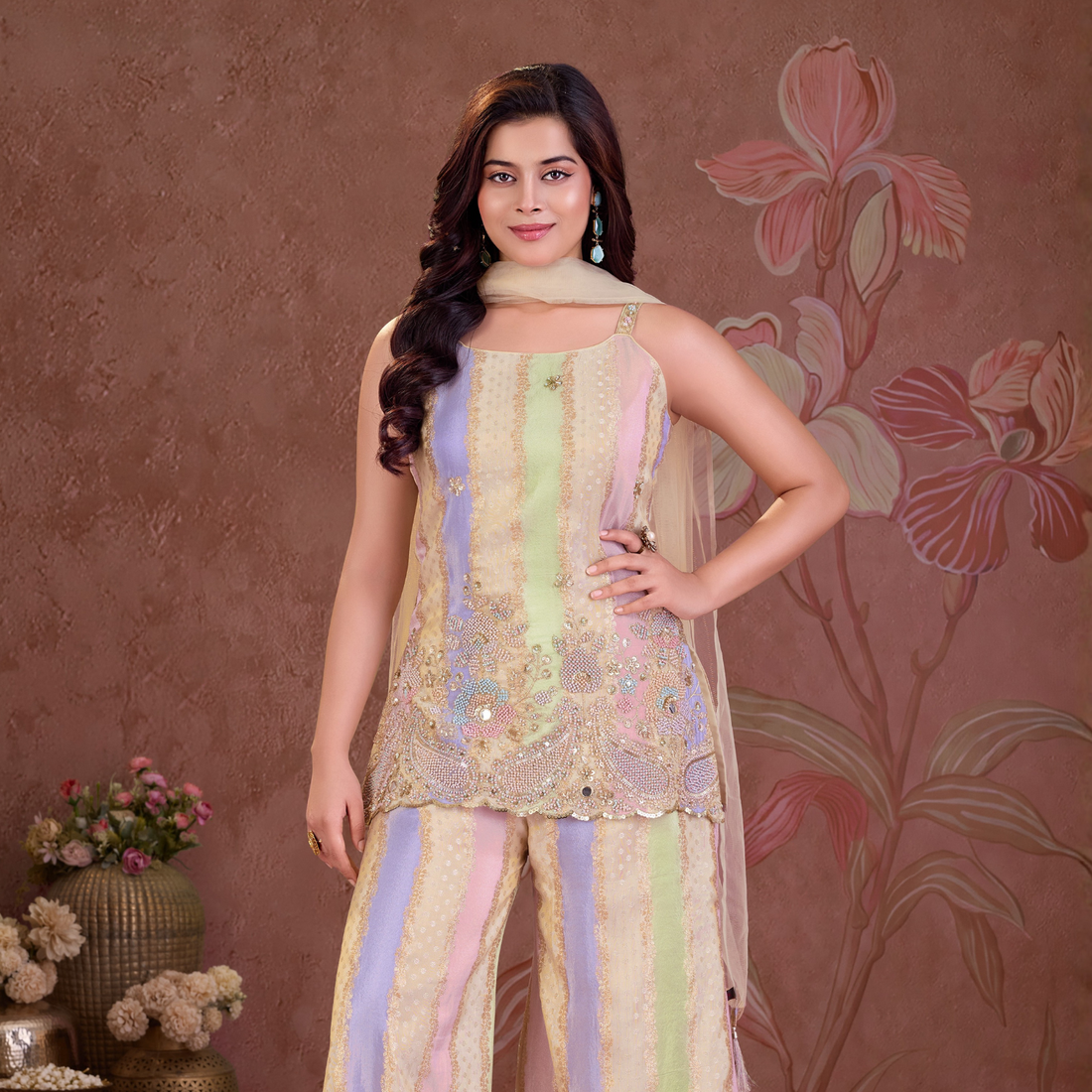 Ladies multicolor embroidered palazzo set with dupatta