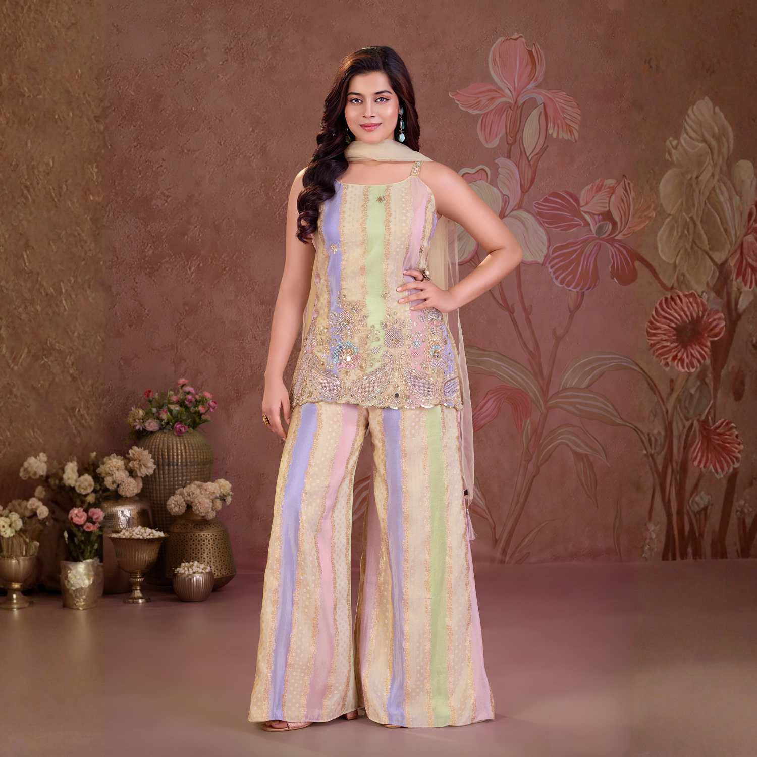 Ladies multicolor embroidered palazzo set full view