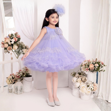 Blue Party Frock with Sequin Floral Detailing For Girls