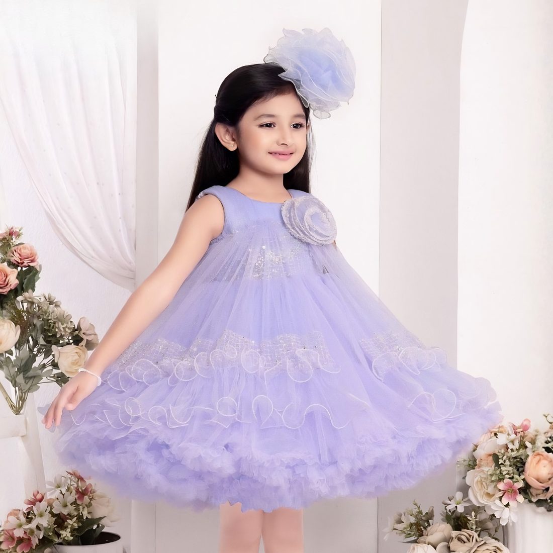 Blue Party Frock with Sequin Floral Detailing For Girls