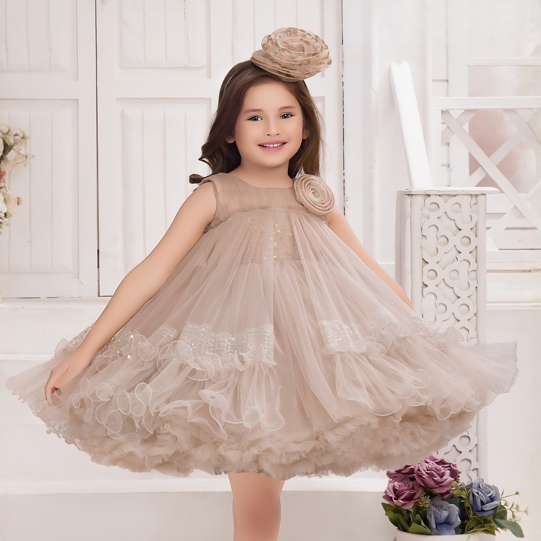 Coffee Party Frock with Sequin Floral Detailing For Girls