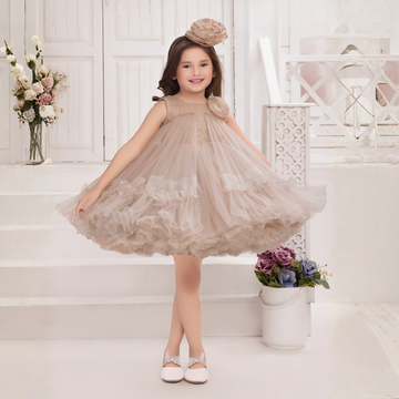 Coffee Party Frock with Sequin Floral Detailing For Girls
